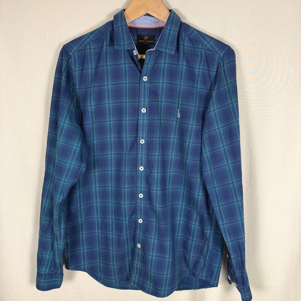 Simon Carter London Green Plaid Slim Fit Shirt 39 / S EUC British Designer